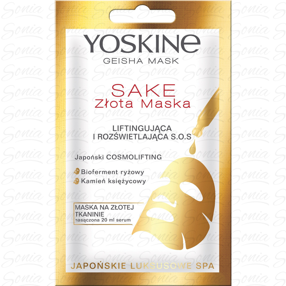 Yoskine Geisha Mask Sake Złota Maska na tkaninie liftingująca i rozświetlająca S.O.S.  20ml 5900525060723