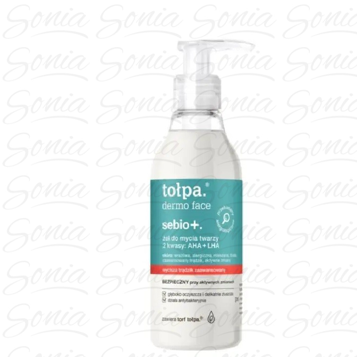 TOŁPA Dermo Face Sebio+. Żel do mycia twarzy - 2 kwasy AHA+LHA 195ml 5902719414893