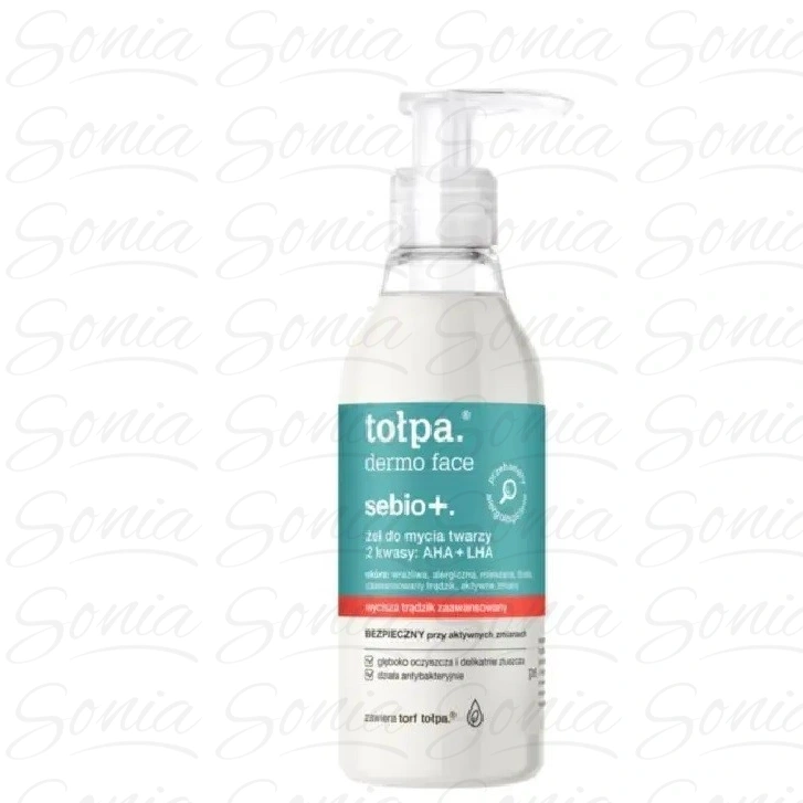 TOŁPA Dermo Face Sebio+. Żel do mycia twarzy - 2 kwasy AHA+LHA 195ml 5902719414893