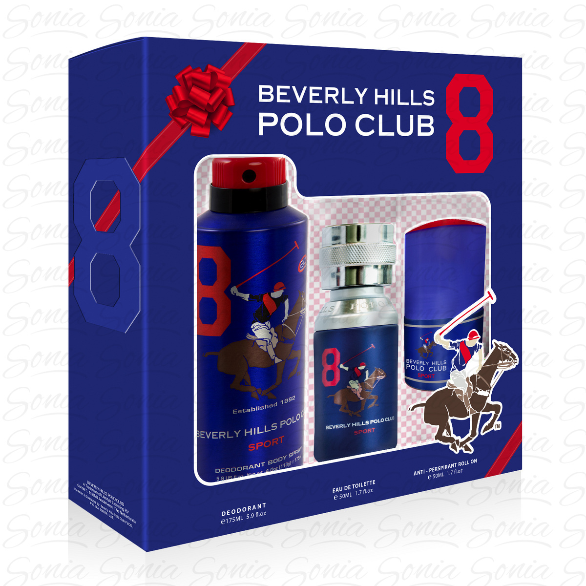 BEVERLY HILLS Polo Club Sport Nr.8 Gift Set Zestaw upominkowy Woda toaletowa 50 ml+  Deodorant 175ml + 50 ml + Antyperspirant w kulce 50 ml