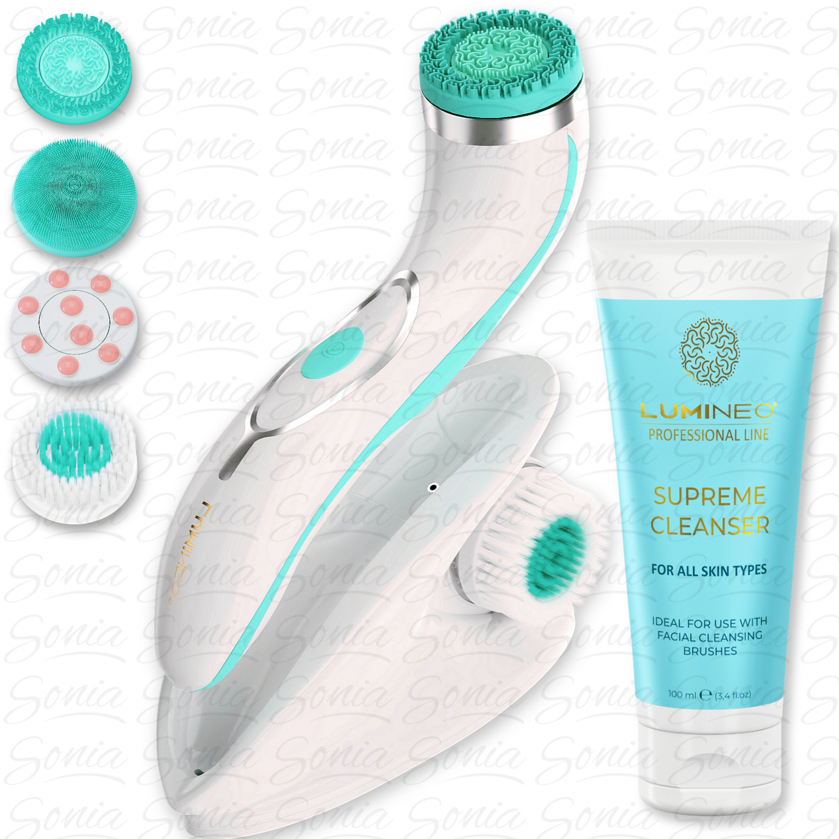 LUMINEO Professional Line Szczoteczka do twarzy Brush Pro turkusowa + Żel oczyszczajacy Lumineo do wszystkich typów cery 100 ml