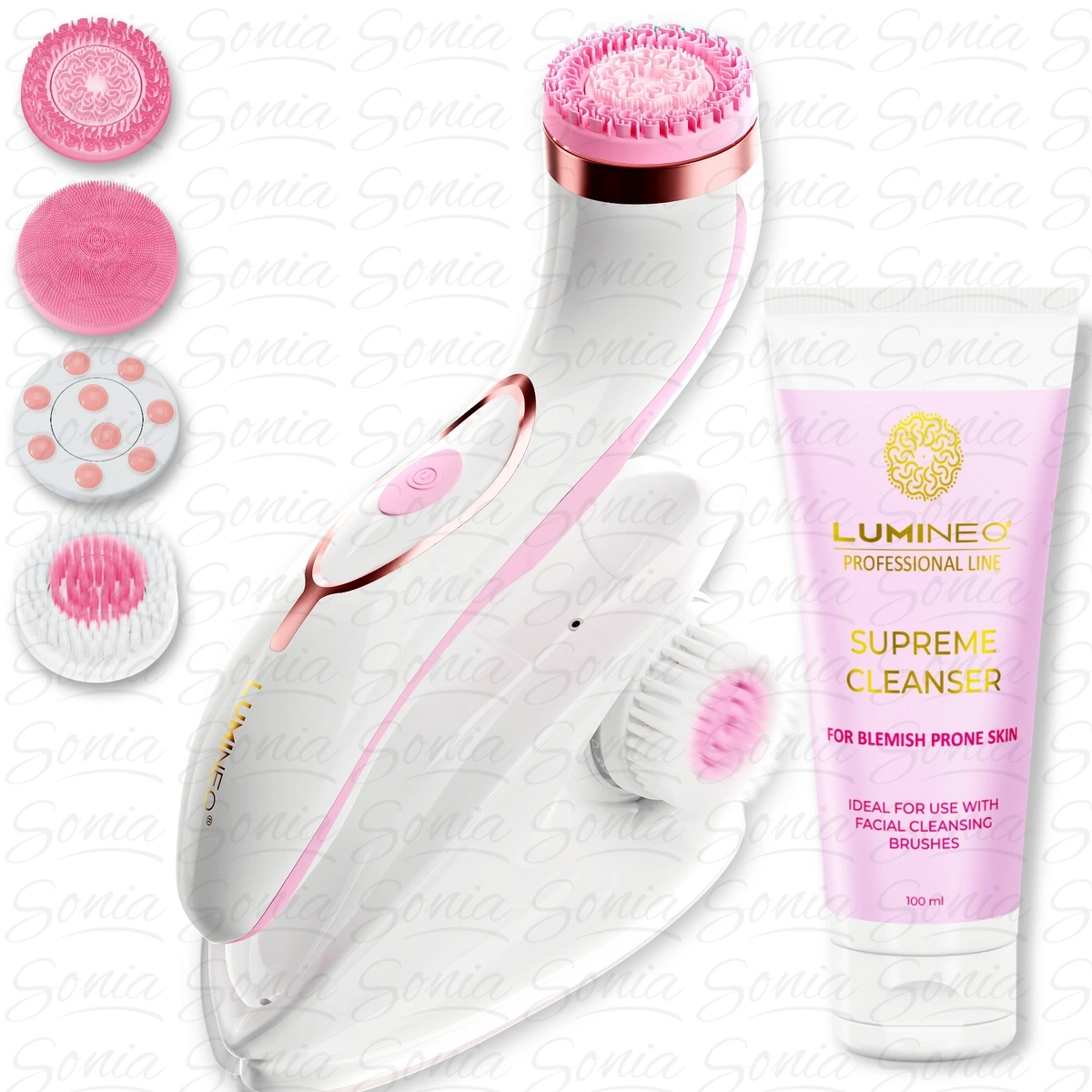 LUMINEO Professional Line Szczoteczka do twarzy Brush Pro różowa + Żel oczyszczajacy Lumineo do skóry trądzikowej i problematycznej 100 ml