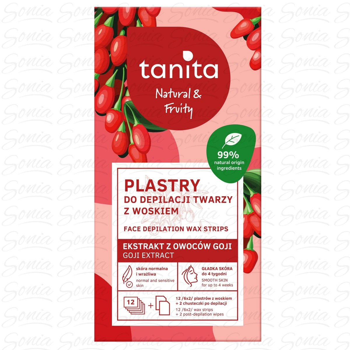 TANITA  Natural & Fruity Plastry do depilacji twarzy z woskiem - z ekstraktem z owoców Goji  12 sztuk (6x2)+ 2 chusteczki po depilacji