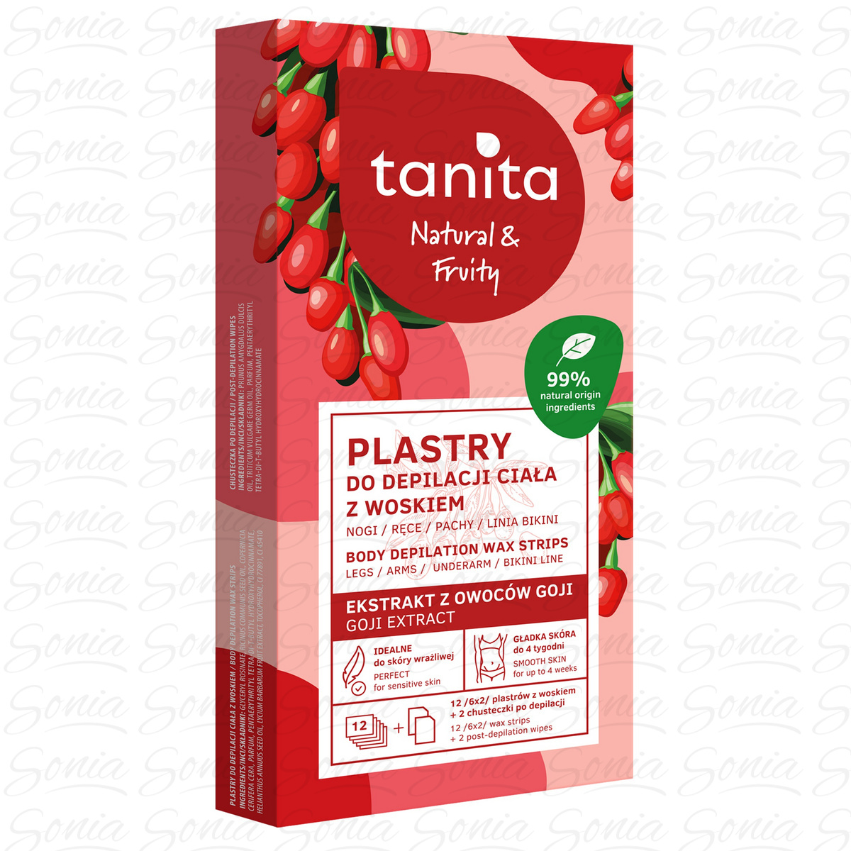 TANITA  Natural & Fruity Plastry do depilacji ciała z woskiem - z ekstraktem z owoców Goji  12 sztuk (6x2)+ 2 chusteczki po depilacji