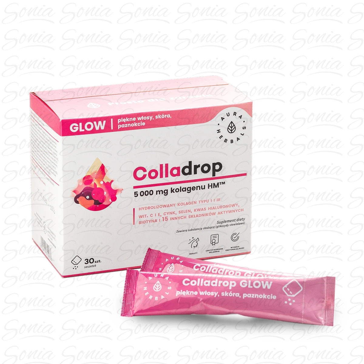 AURA HERBALS Colladrop Glow Hydrolizowany Kolagen morski 5000 mg typu I i III - piękne włosy,skóra i paznokcie (30 saszetek)