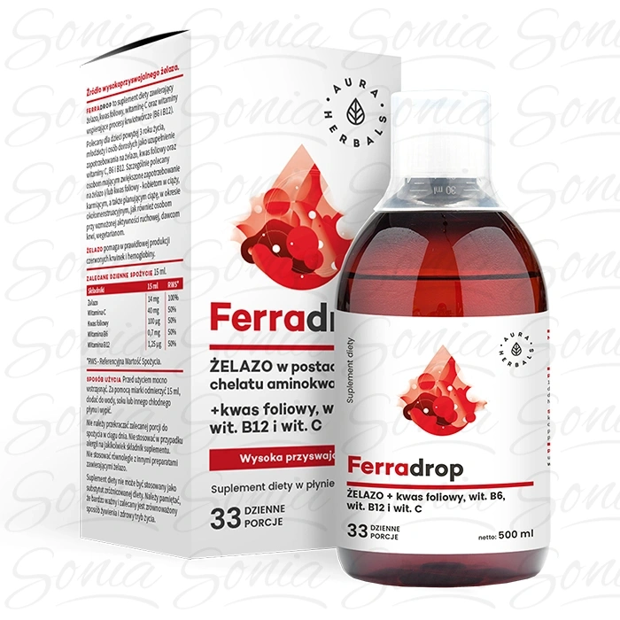 AURA HERBALS Ferradrop Żelazo + Kwas Foliowy - suplement diety w płynie 500 ml (33 dzienne porcje)