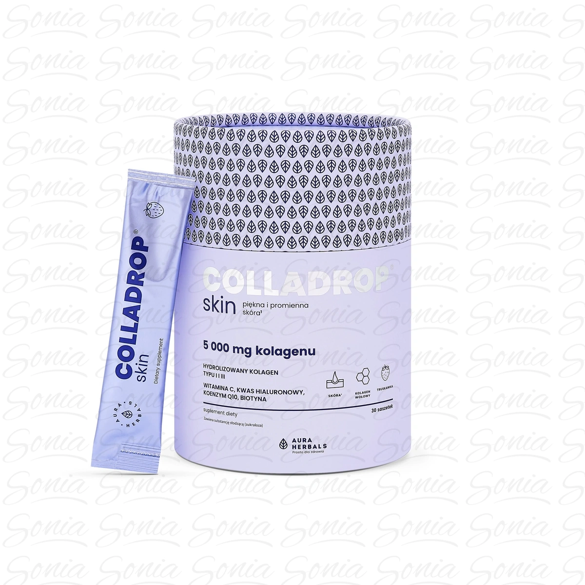AURA HERBALS Colladrop Skin Hydrolizowany Kolagen wołowy 5000 mg typu I i III - Truskawka (30 saszetek)